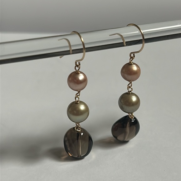 14K Yellow Gold Pearls Smoky Quartz Dangling Earrings - Picture 4 of 16